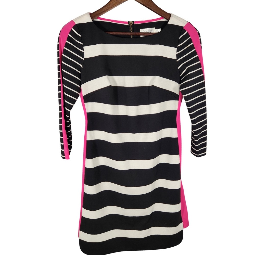 Eliza J Black Striped Pink‎ Edge Long Sleeve Scoop Neck Mini Dress 2P 2 Petite